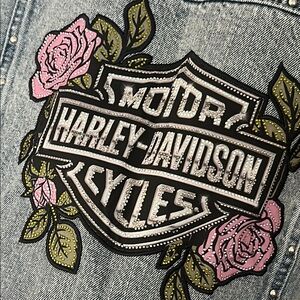 Harley-Davidson Denim BLING Jacket with Pink and Green Rose Design